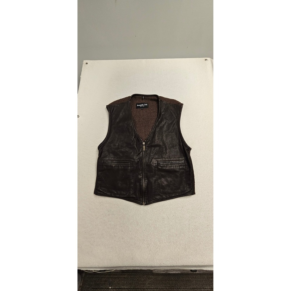 Kenneth Cole New York Mens Leather Wool Knit Vest Brown Full Zip L/L 6588